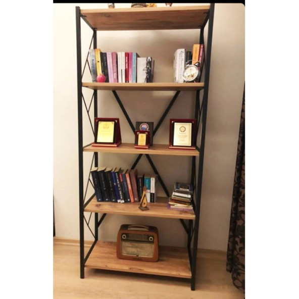 CMKStore Metal Kitaplık 5 Raflı Dekoratif Kitaplık Atlantik Çam - 4