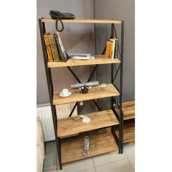 CMKStore Metal Kitaplık 5 Raflı Dekoratif Kitaplık Atlantik Çam - 5