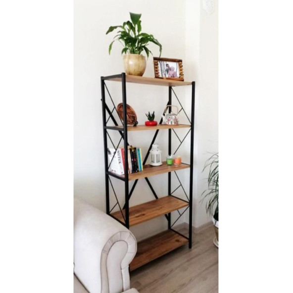 CMKStore Metal Kitaplık 5 Raflı Dekoratif Kitaplık Atlantik Çam - 6
