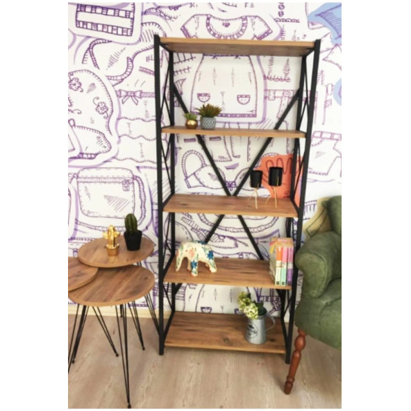CMKStore Metal Kitaplık 5 Raflı Dekoratif Kitaplık Atlantik Çam - 7