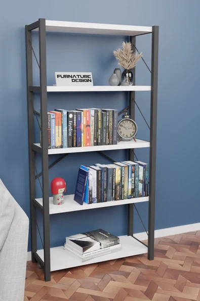 CMKStore Metal Kitaplık 5 Raflı Dekoratif Kitaplık Beyaz - 3
