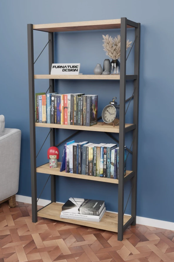 CMKStore Metal Kitaplık 5 Raflı Dekoratif Kitaplık Atlantik Çam - 3