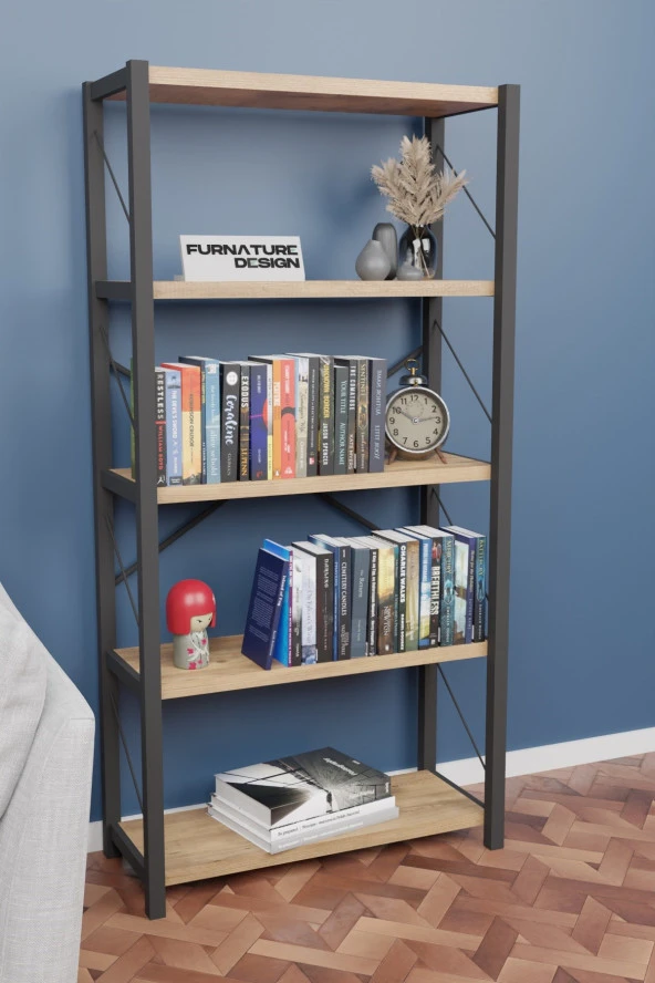 CMKStore Metal Kitaplık 5 Raflı Dekoratif Kitaplık Atlantik Çam - 2