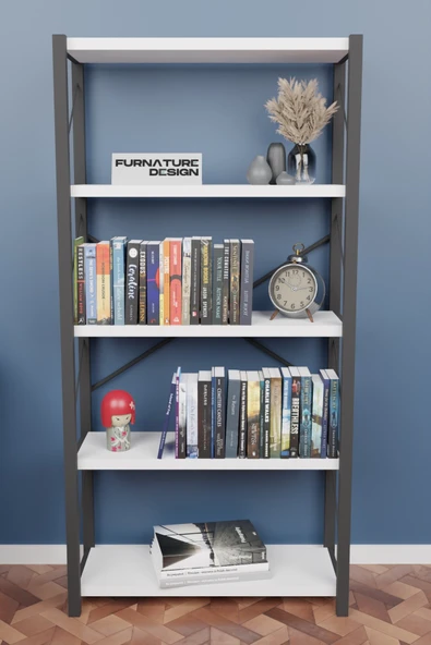 CMKStore Metal Kitaplık 5 Raflı Dekoratif Kitaplık Beyaz - 2