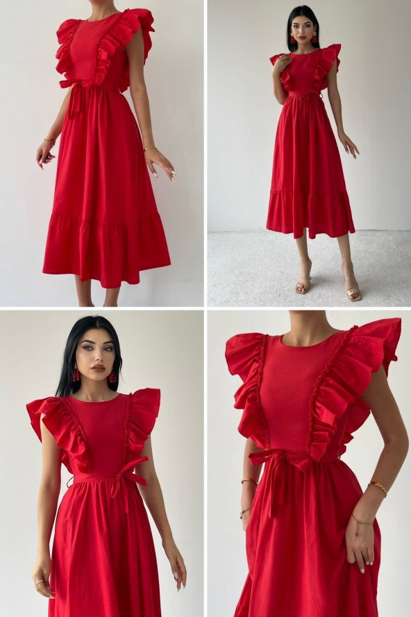 Kırmızı Üst Kısmı Volanlı Midiboy Elbise