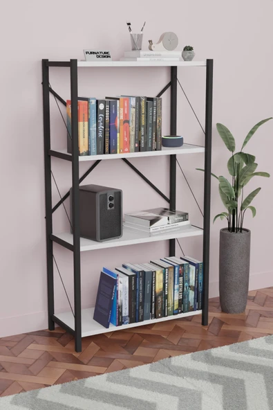Metal Kitaplık 4 Raflı Dekoratif Kitaplık Raf Beyaz - Resim 2