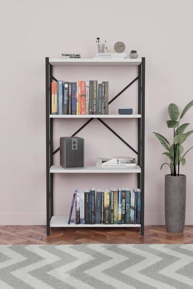 Metal Kitaplık 4 Raflı Dekoratif Kitaplık Raf Beyaz ürün görseli 1