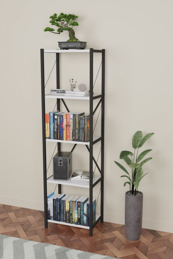 Metal Kitaplık 5 Raflı Dekoratif Kitaplık Beyaz - 3