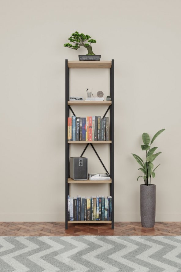 Metal Kitaplık 5 Raflı Dekoratif Kitaplık Atlantik Çam - 2