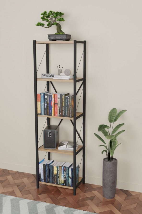 Metal Kitaplık 5 Raflı Dekoratif Kitaplık Atlantik Çam - 3