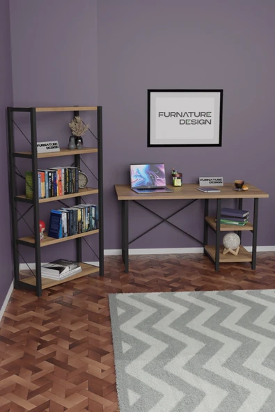 Metal Kitaplık 5 Raflı + 60x120 cm Çalışma Masası Atlantik Çam - 3