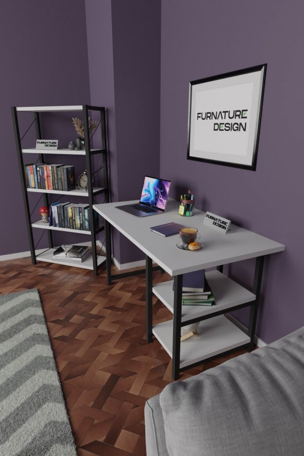 Metal Kitaplık 5 Raflı + 60x120 cm Çalışma Masası Beyaz - 2