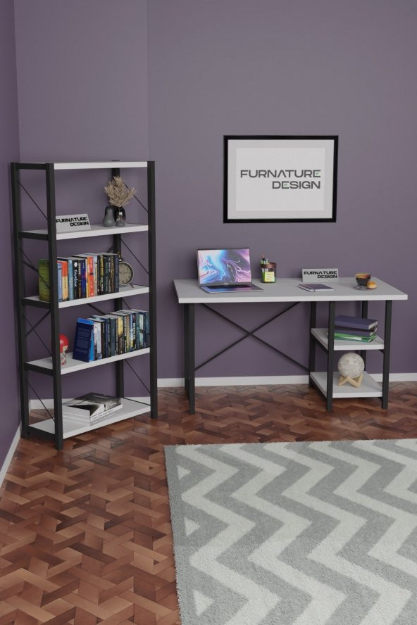 Metal Kitaplık 5 Raflı + 60x120 cm Çalışma Masası Beyaz - 3