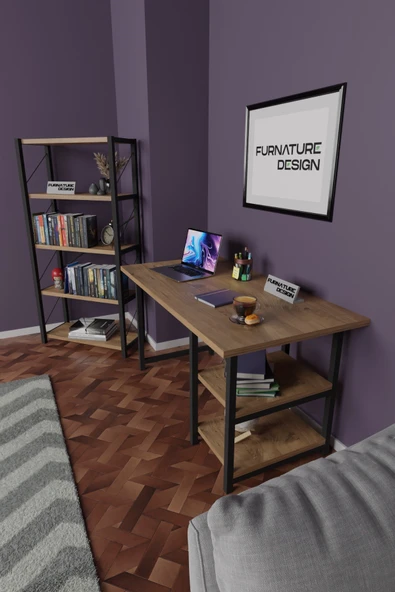 Metal Kitaplık 5 Raflı + 60x120 cm Çalışma Masası Atlantik Çam - 2