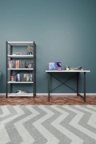 Metal Kitaplık 5 Raflı + 60x90 cm Çalışma Masası Beyaz - 2