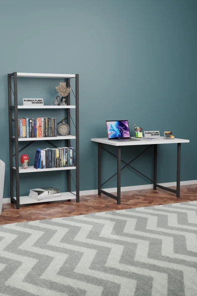 Metal Kitaplık 5 Raflı + 60x90 cm Çalışma Masası Beyaz - 3