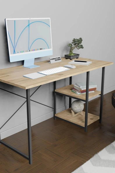 Çalışma Masası 2 Raflı Metal Ahşap 60x120 Ofis Bilgisayar Masası Atlantik Çam - 3