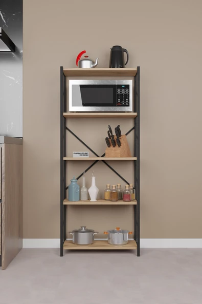 CMKStore Metal Mutfak Rafı 5 Raflı Dekoratif Malzeme Dolabı Mikrodalga Fırın Rafı Atlantik Çam - 2
