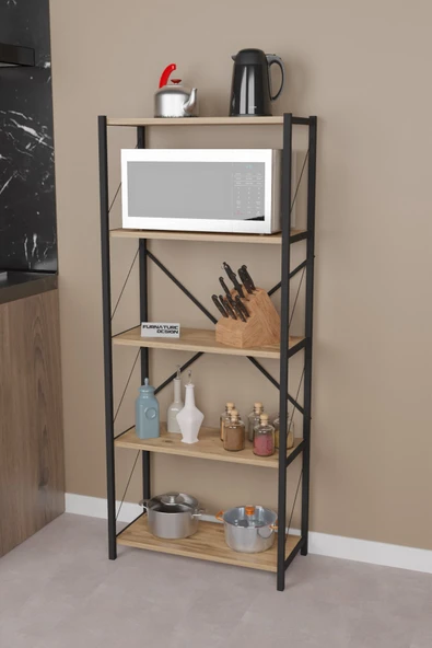 CMKStore Metal Mutfak Rafı 5 Raflı Dekoratif Malzeme Dolabı Mikrodalga Fırın Rafı Atlantik Çam