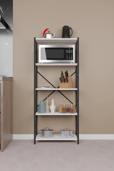 CMKStore Dekoratif Metal 5 Raflı Dekoratif Malzeme Dolabı Mutfak Mikrodalga Fırın Rafı Beyaz - 2