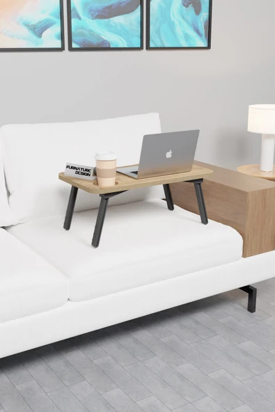 Katlanır Laptop Sehpası Mdf Tablet Bardaklık Çalışma Yatak Kahvaltı Masası Sehpası 60x35 Cm - 2