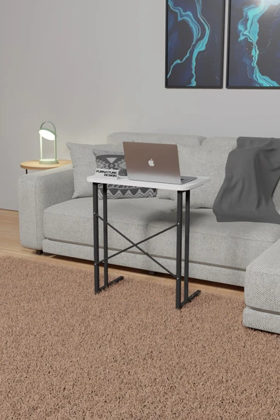 Metal Ayaklı Laptop Sehpası 60x35 cm Kahvaltı Masası Çalışma Sehpası Beyaz - 2