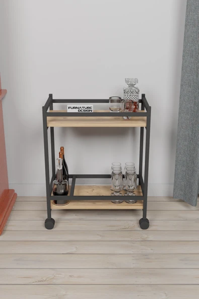 Servis Sunum Arabası Ev Tipi Iki Katlı Şişe Bölmeli Servant Bar Cart Atlantik Çam - 3