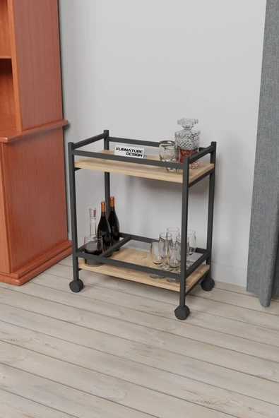 Servis Sunum Arabası Ev Tipi Iki Katlı Şişe Bölmeli Servant Bar Cart Atlantik Çam - 2