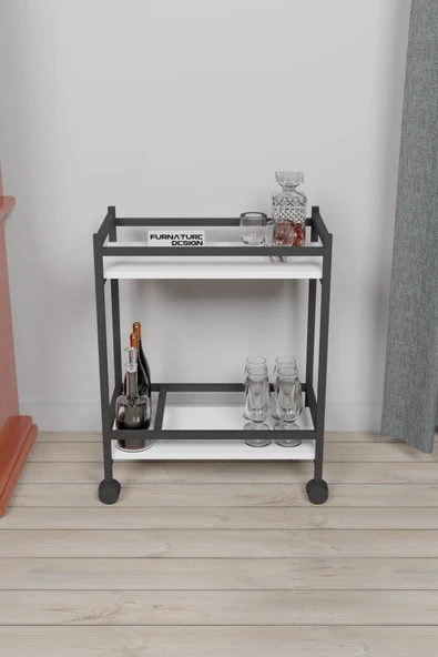 Servis Sunum Arabası Ev Tipi Iki Katlı Şişe Bölmeli Servant Bar Cart Beyaz - 3