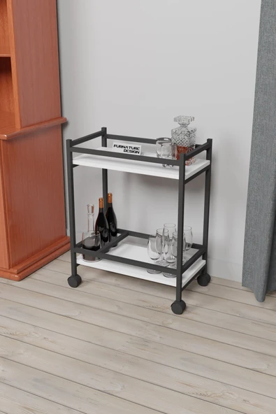Servis Sunum Arabası Ev Tipi Iki Katlı Şişe Bölmeli Servant Bar Cart Beyaz - 2