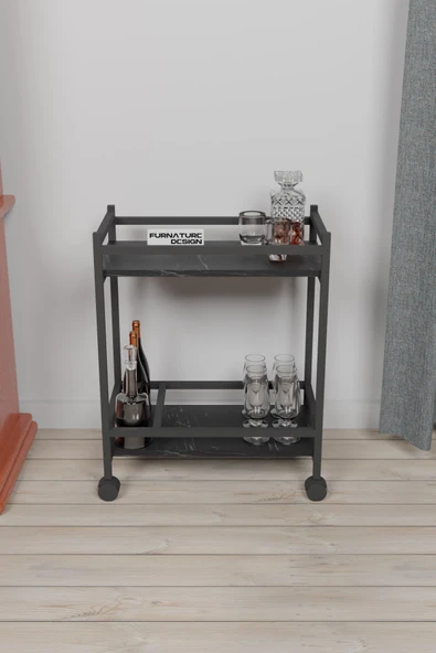 Servis Sunum Arabası Ev Tipi Iki Katlı Şişe Bölmeli Servant Bar Cart Bendir - 2