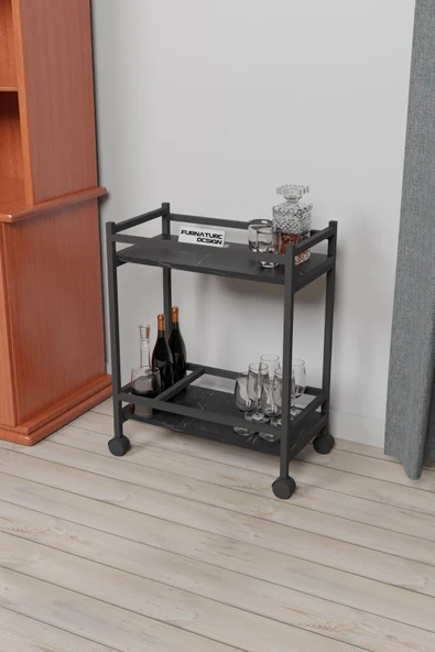 Servis Sunum Arabası Ev Tipi Iki Katlı Şişe Bölmeli Servant Bar Cart Bendir - 3