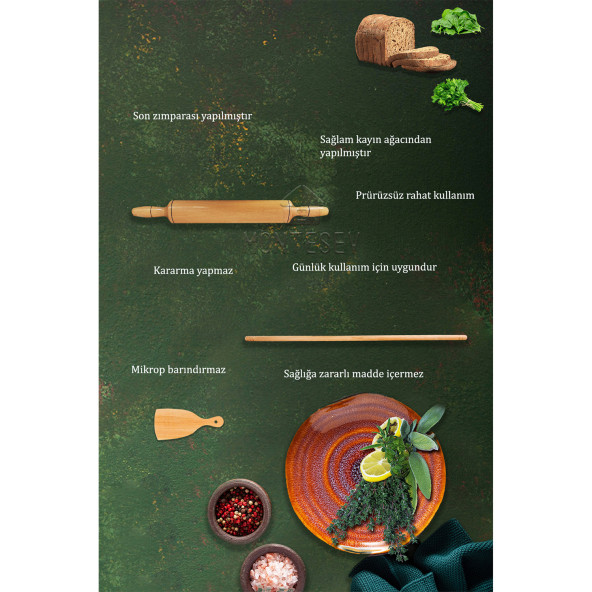 Zümrüt Serisi Ahşap Hamur Açma Oklavası Merdanesi Hamur Kesici Börek Seti 3 Lü Set Zmrset6 - 4