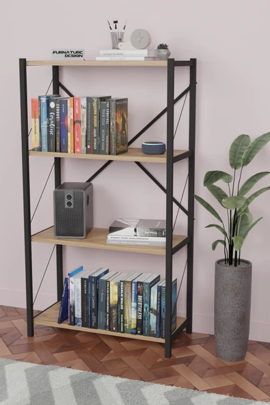 Metal Kitaplık 4 Raflı Dekoratif Kitaplık Raf Atlantik Çam ürün görseli 1