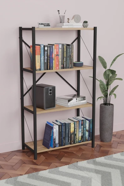 Metal Kitaplık 4 Raflı Dekoratif Kitaplık Raf Atlantik Çam - Resim 3