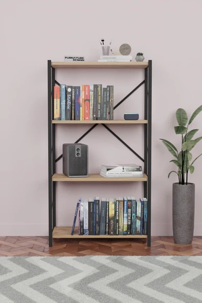 Metal Kitaplık 4 Raflı Dekoratif Kitaplık Raf Atlantik Çam - Resim 2