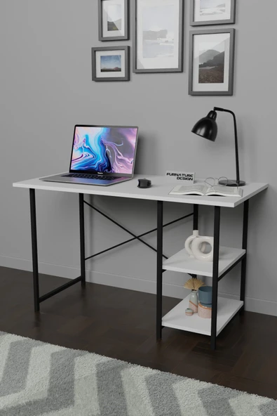 Çalışma Masası 2 Raflı Metal Ahşap 60x120 Ofis Bilgisayar Masası Beyaz