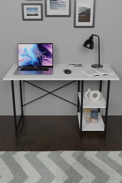 Çalışma Masası 2 Raflı Metal Ahşap 60x120 Ofis Bilgisayar Masası Beyaz - 3