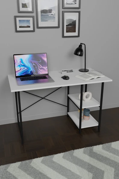 Çalışma Masası 2 Raflı Metal Ahşap 60x120 Ofis Bilgisayar Masası Beyaz - 2
