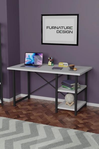 Çalışma Masası 2 Raflı Metal Ahşap 60x120 Ofis Bilgisayar Masası Beyaz - 7