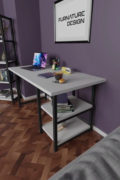 Çalışma Masası 2 Raflı Metal Ahşap 60x120 Ofis Bilgisayar Masası Beyaz - 5