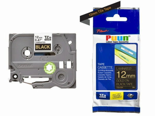 Puun Brother P-Touch TZE-334 12MM x 8m Siyah Üzerine Altın Gold Muadil Laminasyon Etiket Şeridi ürün görseli 1