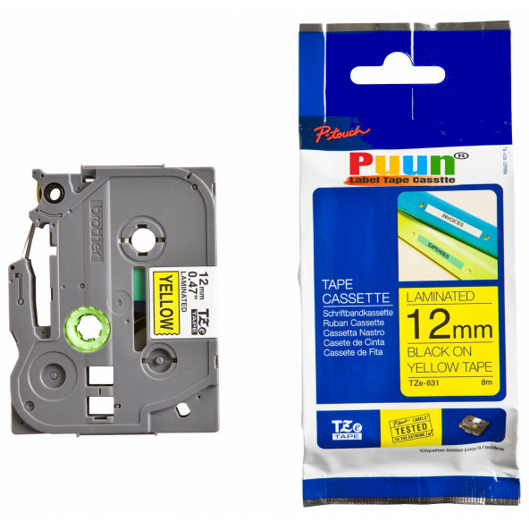Puun Brother P-Touch TZE-631 aze631 12MM x 8m Sarı Üzerine Siyah Muadil Laminasyon Etiket Şeridi