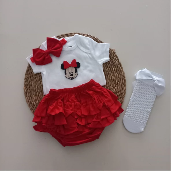 MARS BABY Kız Bebek Kırmızı Minnie'li Fırfır Şort Etek Bodyli Beyaz File Takımı
