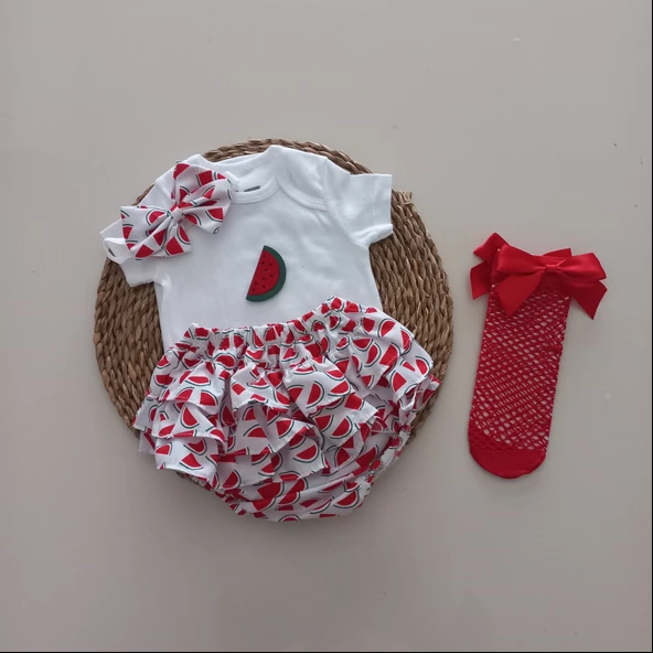 MARS BABY Kız Bebek Karpuz Fırfır Şort Etek Badili Kırmızı File Çorap Takımı