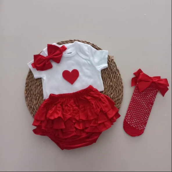 MARS BABY Kız Bebek Kırmızı Kalpli Fırfır Şort Etek Bodyli Kırmızı File Takımı