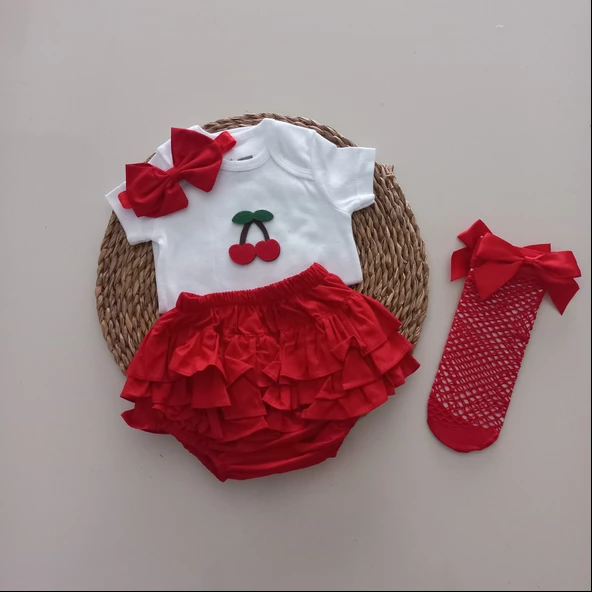 MARS BABY Kız Bebek Kırmızı Kiraz Fırfır Şort Etek Bodyli Kırmızı File Takımı