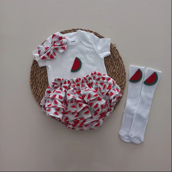 MARS BABY Kız Bebek Karpuz Fırfır Şort Etek Bodyli Çorap Takımı