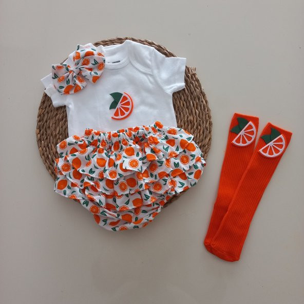 MARS BABY Kız Bebek Portakal Fırfır Şort Etek Bodyli Çorap Takımı