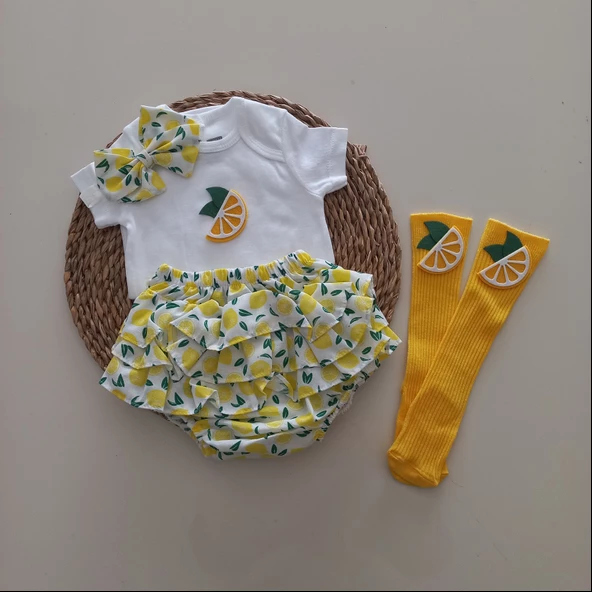 MARS BABY Kız Bebek Sarı Limonlu Fırfır Şort Etek Bodyli Çorap Takımı